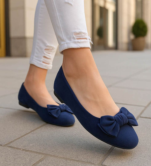 Granatowe baleriny damskie zamszowe z kokardą /H2 18487 W6/