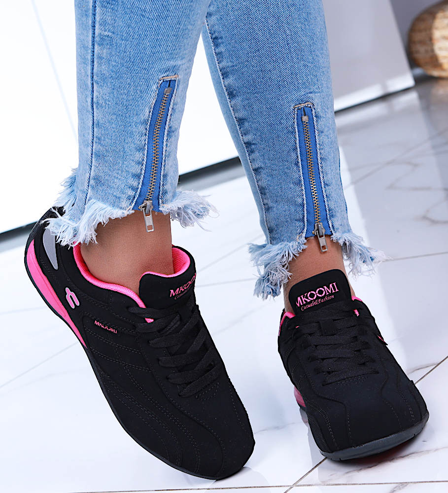 Wiązane damskie czarno fuksjowe buty sportowe