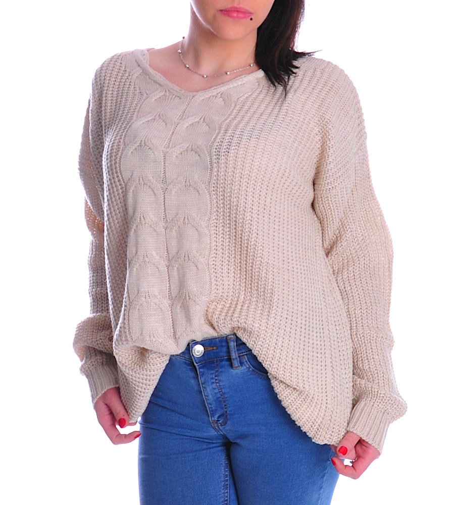 Oversizowy beżowy sweter damski z podwójnym wzorem
