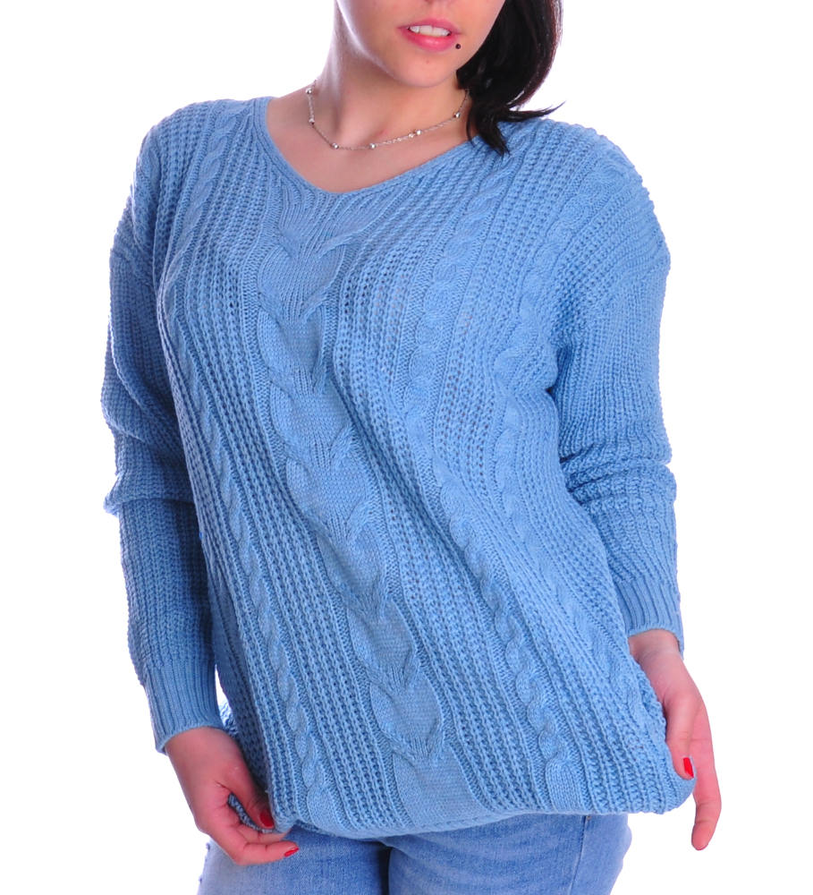 Oversizowy niebieski sweter damski z wzorem