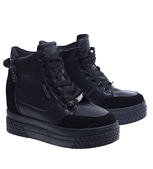 Wiązane czarne sneakersy na koturnie i platformie /F5-2 14653 T720/
