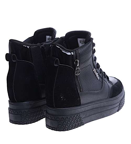 Wiązane czarne sneakersy na koturnie i platformie /F5-2 14653 T720/