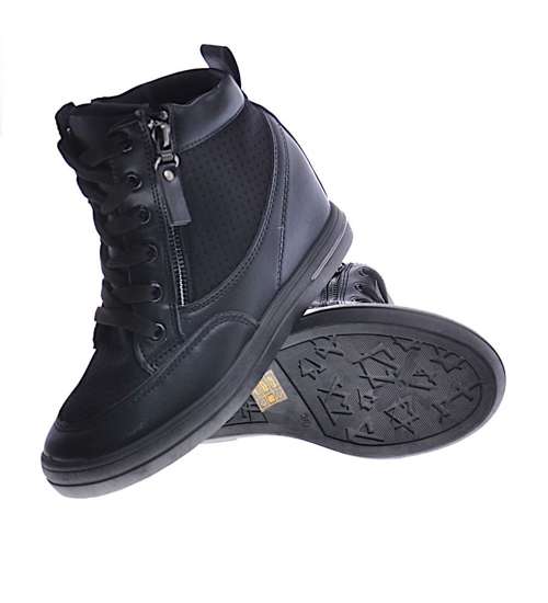 Czarne sneakersy damskie na koturnie /G6-2 12819 T796/