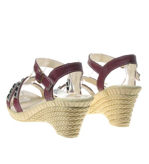 Damskie sandały na koturnie z cekinami BORDOWE  /D8-3 6046 S195/