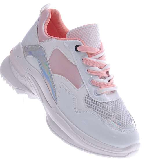 Wiązane biało różowe sneakersy damskie /F5-2 10913A W237/
