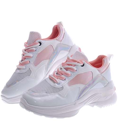 Wiązane biało różowe sneakersy damskie /F5-2 10913A W237/