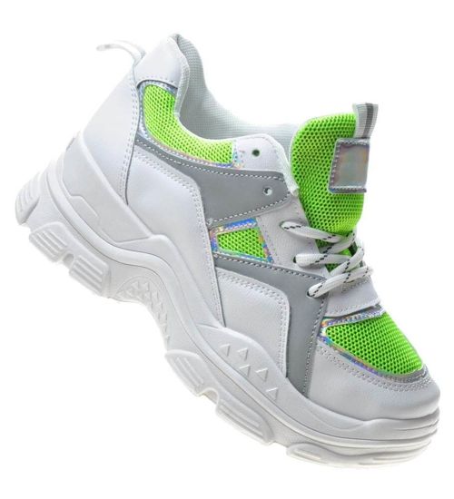 Wiązane sportowe buty damskie z zielonymi akcentami /F1-1 4775 S370/