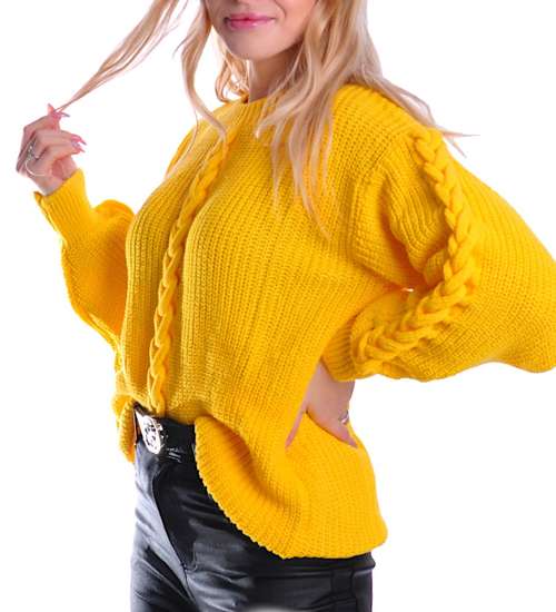 Gruby żółty sweter damski z warkoczem /G11-1 UB416 U1391/