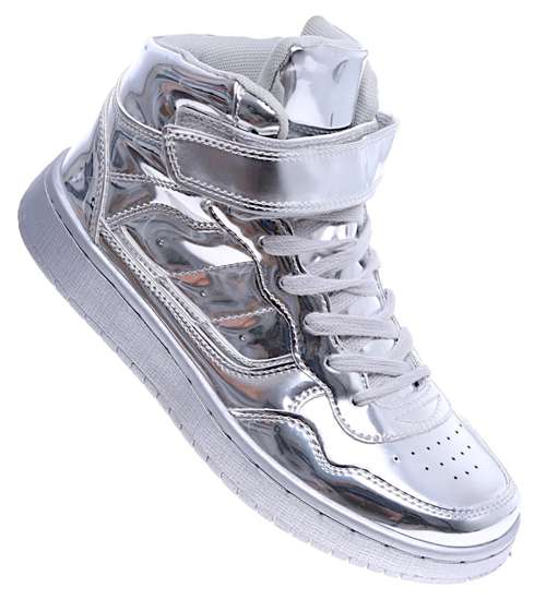Wiązane srebrne sneakersy z wysoką cholewką /D1-3 14719 T282/