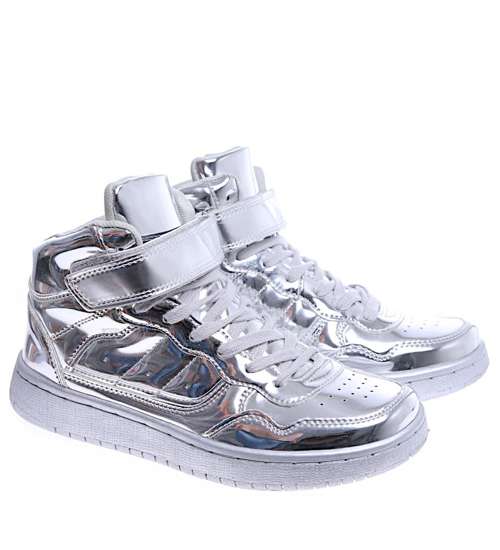 Wiązane srebrne sneakersy z wysoką cholewką /D1-3 14719 T282/
