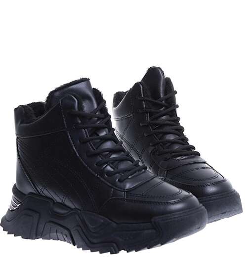 Zimowe czarne ocieplane trampki sneakersy na koturnie /E4-3 15397 T532/