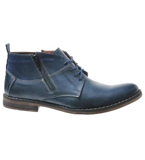 Ocieplane męskie buty sztyblety ze skóry naturalnej Granatowe /220 R147/