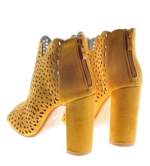 Ażurowe sandały damskie na słupku Żółte /C2-3 8426 S490/