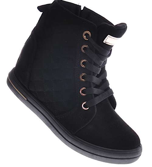Czarne klasyczne sneakersy damskie na koturnie /D8-2 12856 T796/