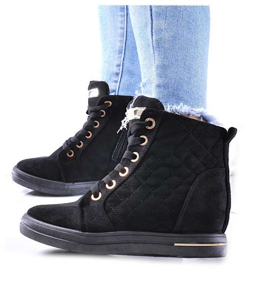Czarne klasyczne sneakersy damskie na koturnie /D8-2 12856 T796/