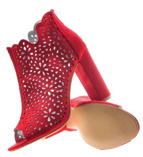Ażurowe sandały damskie na słupku Czerwone /C6-2 7969 S400/
