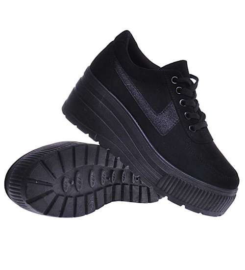 Sznurowane buty sportowe damskie na platformie Czarne /D6-3 10569 S236/