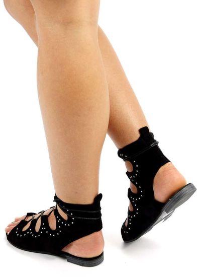 Płaskie sandały gladiatorki z wiązaniami Czarne /F8-1 Ae616 S181/