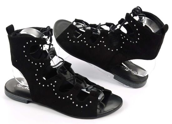 Płaskie sandały gladiatorki z wiązaniami Czarne /F8-1 Ae616 S181/