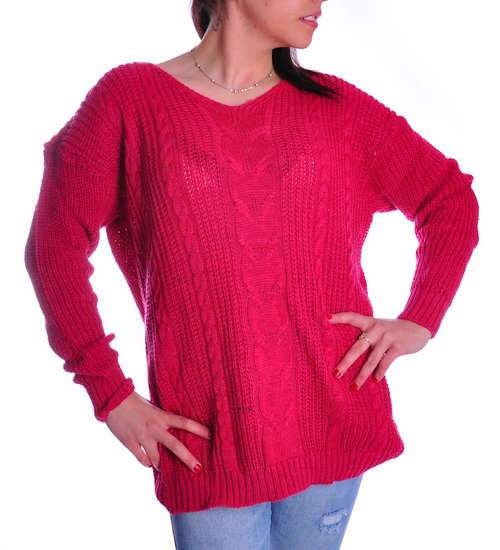 Oversizowy bordowy sweter damski z wzorem /G4-1 UB349 U107/