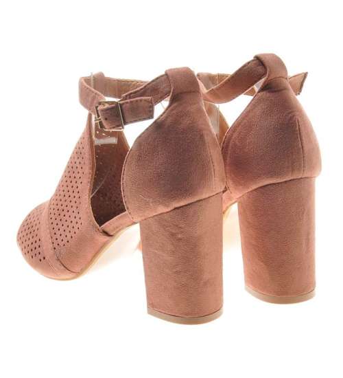 Ażurowe sandały damskie na słupku Ciemny Róż /B5-3 8098 S491/