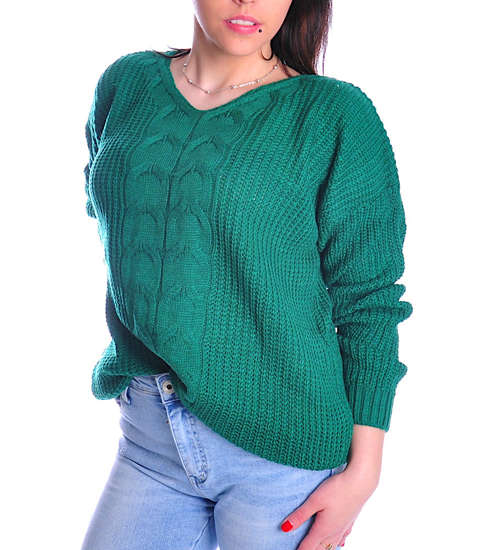 Oversizowy sweter damski z podwójnym wzorem Butelkowa Zieleń /G7-1 UB367 U107/