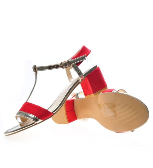 Zamszowe czerwone sandały na niskim obcasie /X3-5 4841 S274/