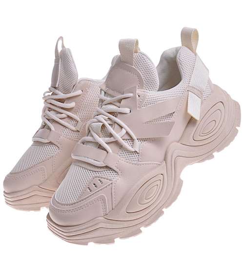 Beżowe sneakersy damskie na niskim koturnie /D8-3 10630 W492/