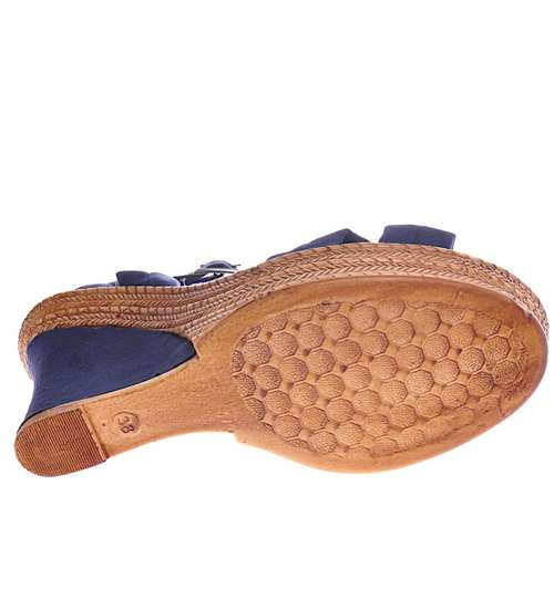 Granatowe sandały damskie na koturnie /G12-1 11690 T271/