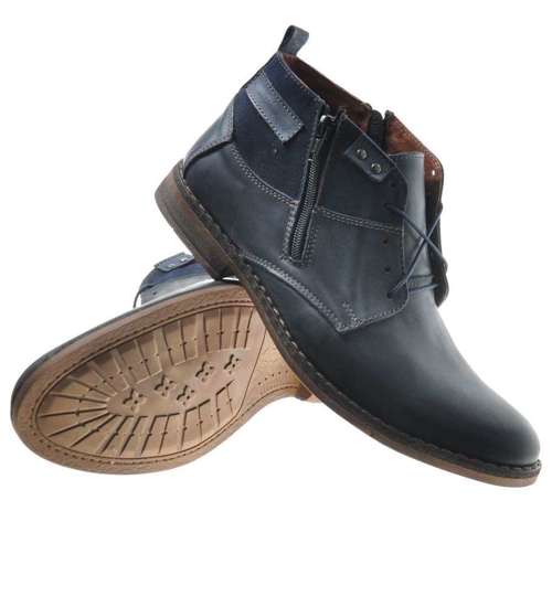 Wyprzedaż- Skórzane męskie buty zimowe Granatowe /D3-2 7694 R724/