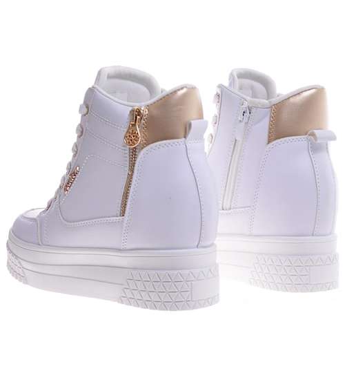 Wiązane białe sneakersy na koturnie i platformie /F8-2 11561 T696/