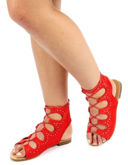 Płaskie sandały gladiatorki z wiązaniami Czerwone /F8-1 Ae616 S181/