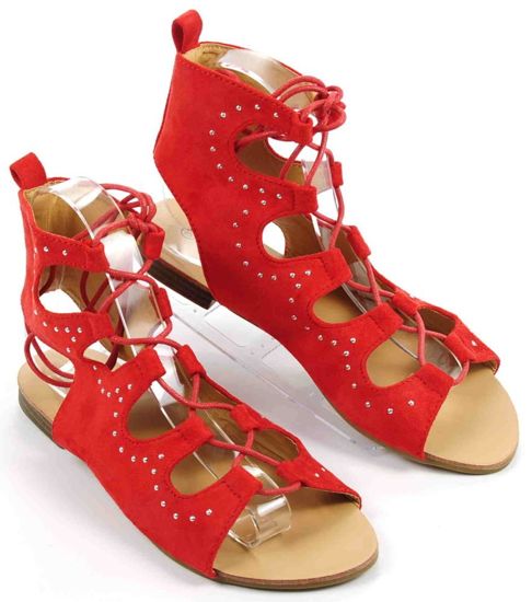 Płaskie sandały gladiatorki z wiązaniami Czerwone /F8-1 Ae616 S181/