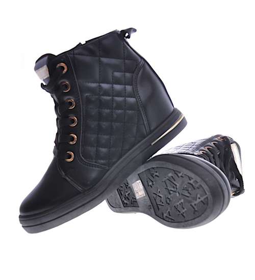 Czarne klasyczne sneakersy damskie na koturnie /E9-2 12825 T699/