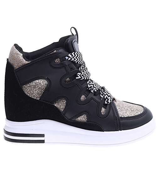 Sznurowane czarne trampki sneakersy na niskim koturnie /E5-1 15820 D430/