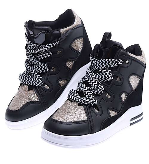 Sznurowane czarne trampki sneakersy na niskim koturnie /E5-1 15820 D430/
