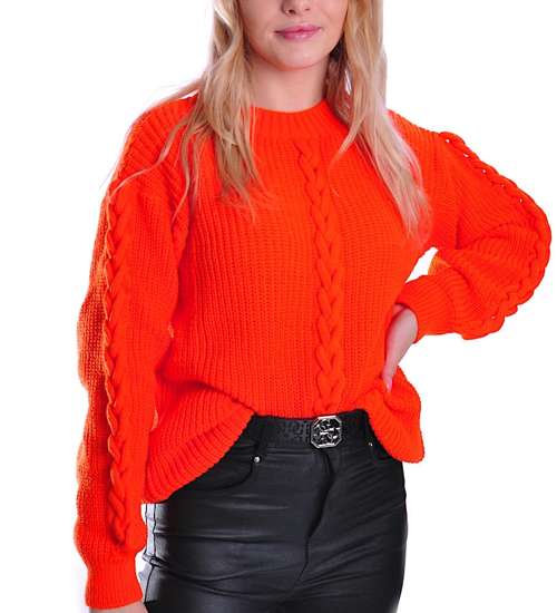 Gruby pomarańczowy sweter damski z warkoczem /G11-1 UB422 U1391/