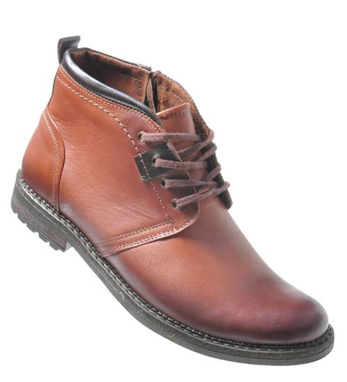 Ocieplane męskie buty sztyblety ze skóry naturalnej Brązowe /H3-4 10817 R147/