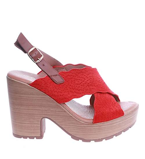 Czerwone damskie sandały na obcasie i platformie /A5-1 14121 S295/