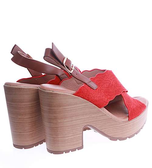 Czerwone damskie sandały na obcasie i platformie /A5-1 14121 S295/