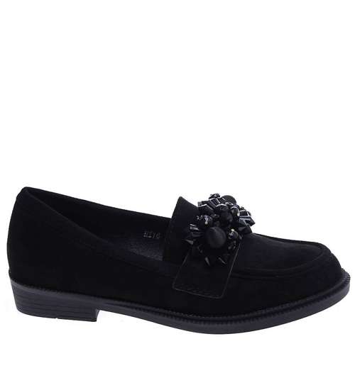 Czarne loafersy damskie z błyszczącymi kamieniami /F3-2 14619 T6/