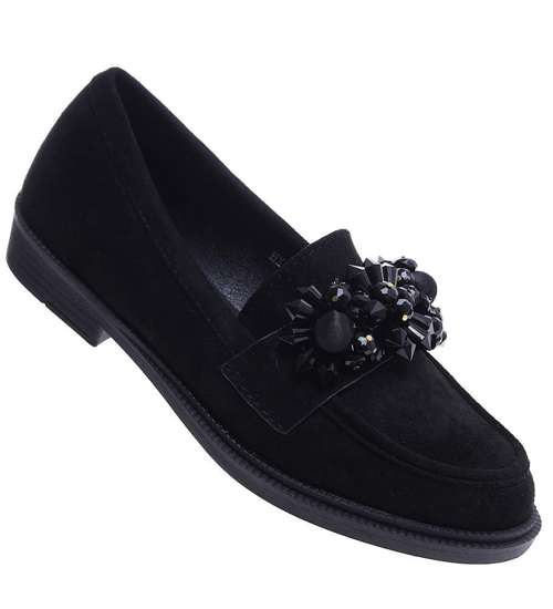 Czarne loafersy damskie z błyszczącymi kamieniami /F3-2 14619 T6/