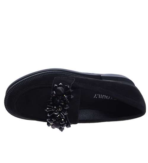 Czarne loafersy damskie z błyszczącymi kamieniami /F3-2 14619 T6/