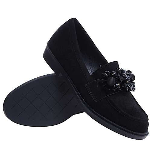 Czarne loafersy damskie z błyszczącymi kamieniami /F3-2 14619 T6/