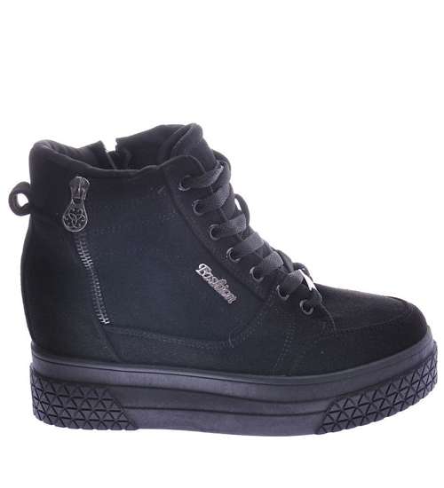 Czarne zamszowe sneakersy na koturnie i platformie /G13-1 12449 T730/