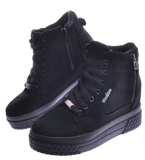 Czarne zamszowe sneakersy na koturnie i platformie /G13-1 12449 T730/