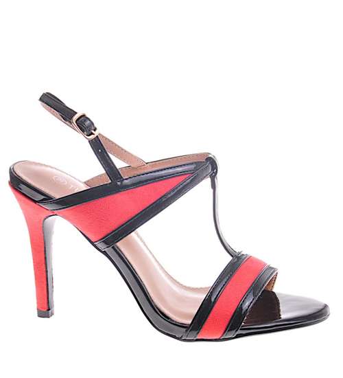 Czarne damskie sandały na szpilce z elementami różowego zamszu /D6-3 12224 T390/