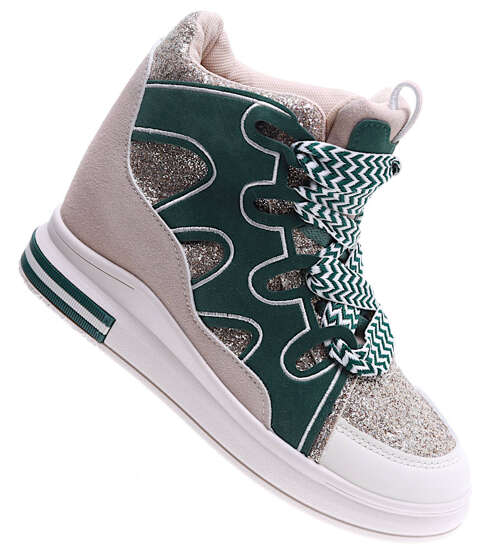Sznurowane beżowo zielone trampki sneakersy na niskim koturnie /F5-3 15821 D430/