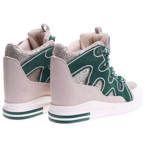 Sznurowane beżowo zielone trampki sneakersy na niskim koturnie /F5-3 15821 D430/
