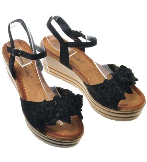 Czarne zamszowe sandały na koturnie i platformie /E1-2 8216 S203/